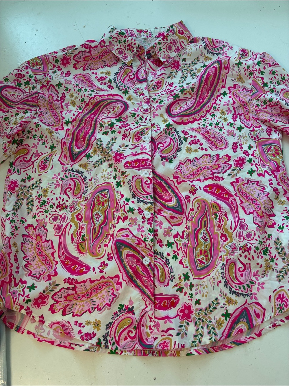 Amazon Large Pink Long Sleeve Button Up Paisley Print Patterned Collared Top
